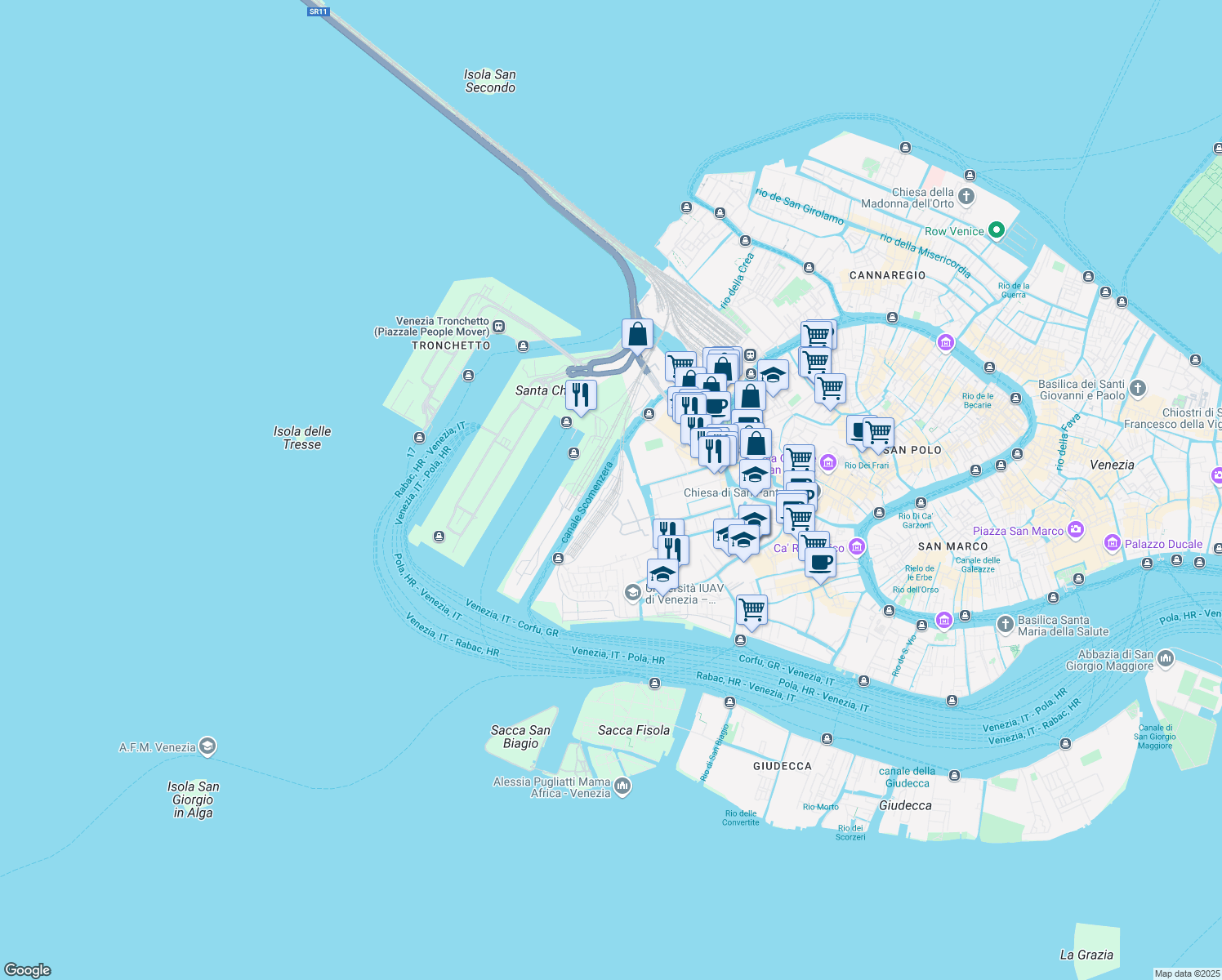map of restaurants, bars, coffee shops, grocery stores, and more near Calle Dietro Ai Magazzini in Venice
