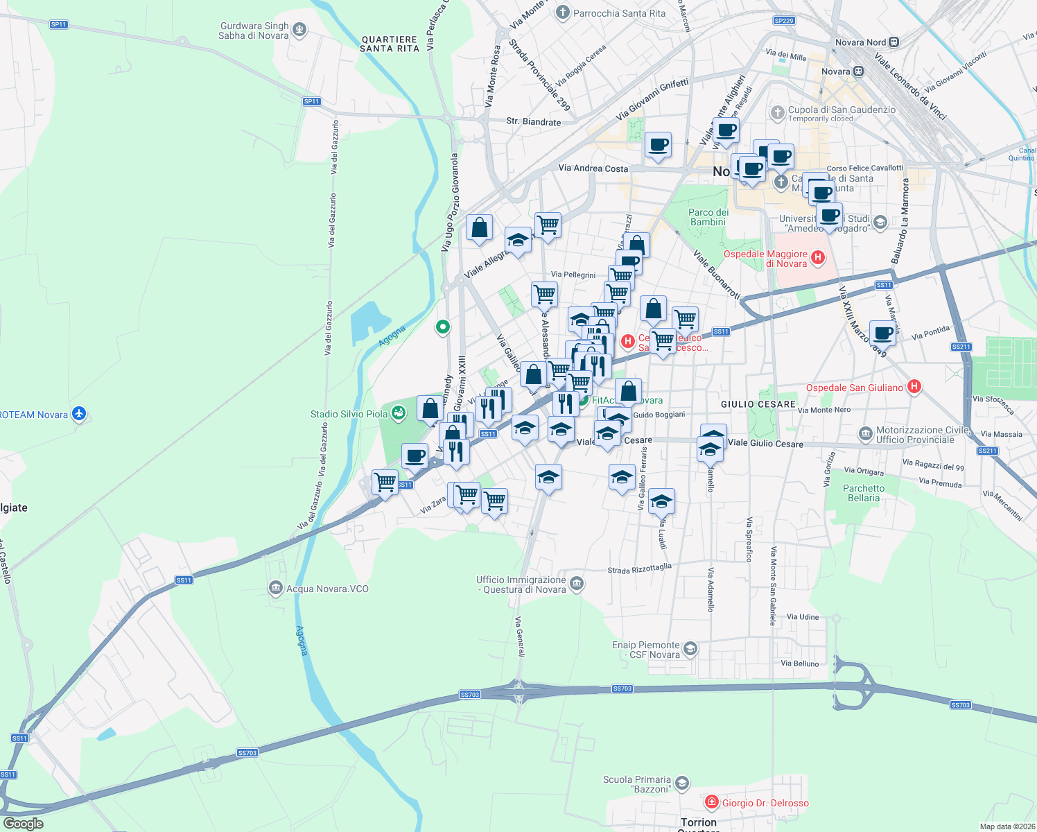 map of restaurants, bars, coffee shops, grocery stores, and more near 24 Corso Vercelli in Novara