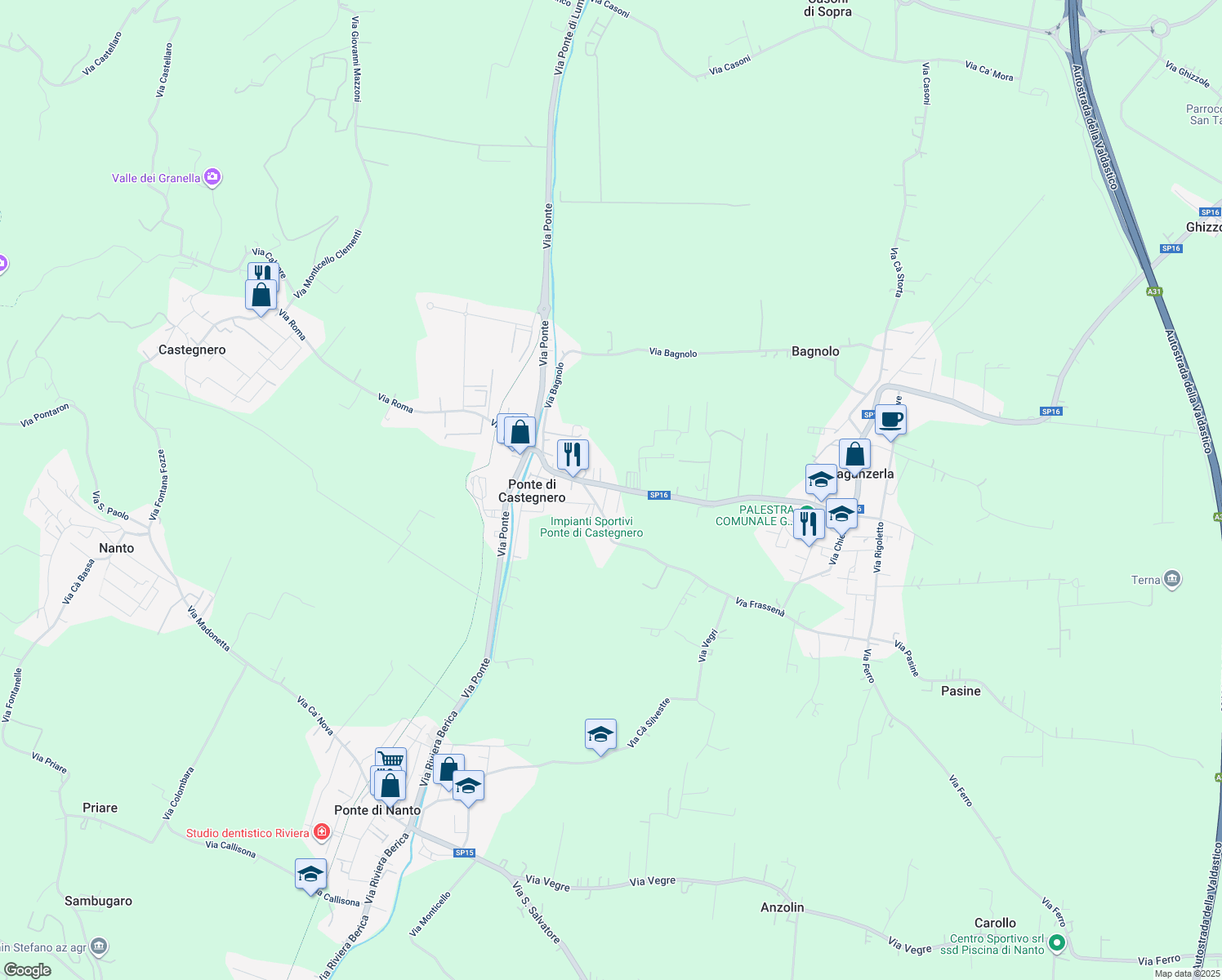 map of restaurants, bars, coffee shops, grocery stores, and more near 59 Via Veneto in Ponte di Castegnero