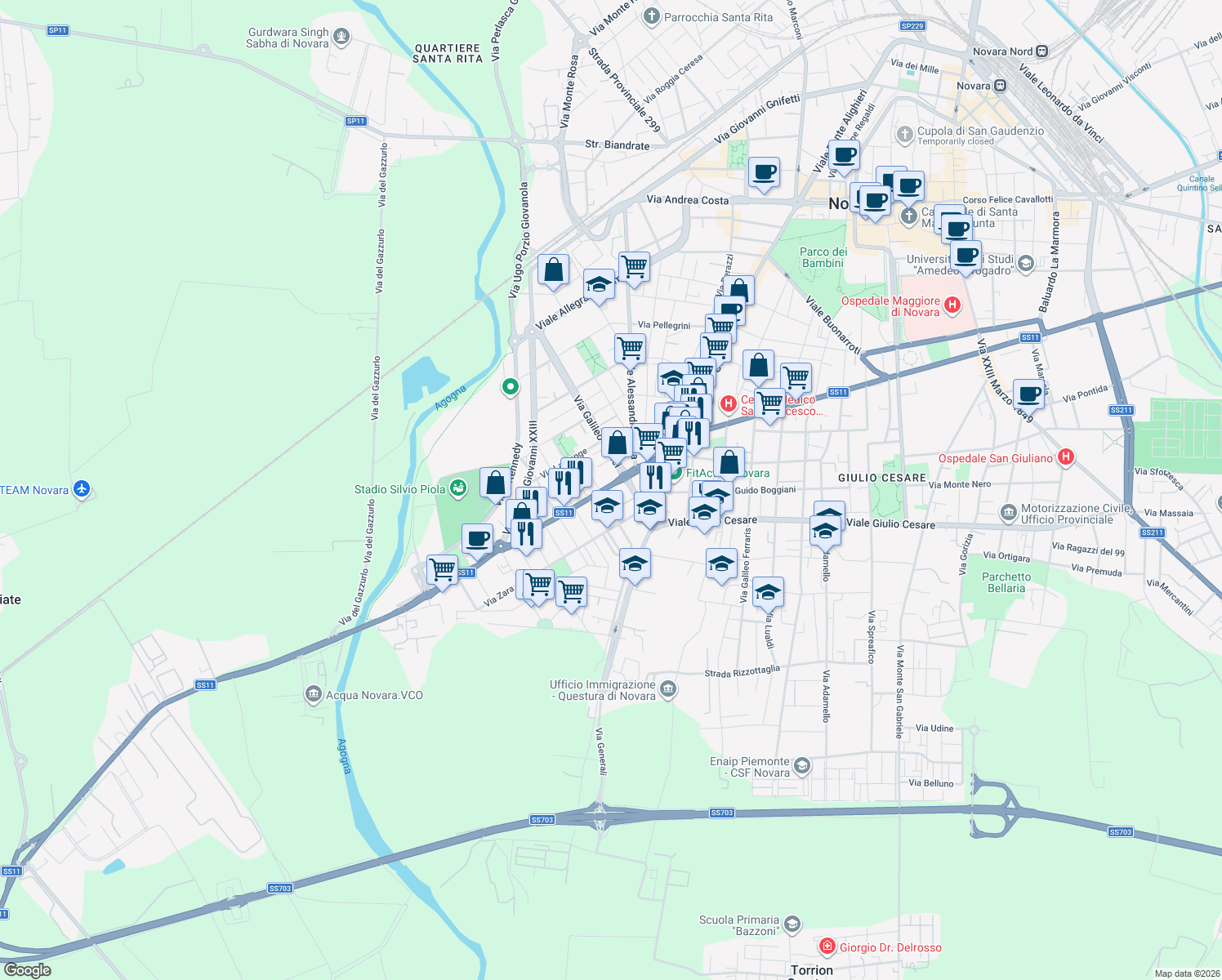 map of restaurants, bars, coffee shops, grocery stores, and more near 18-24 Corso Vercelli in Novara
