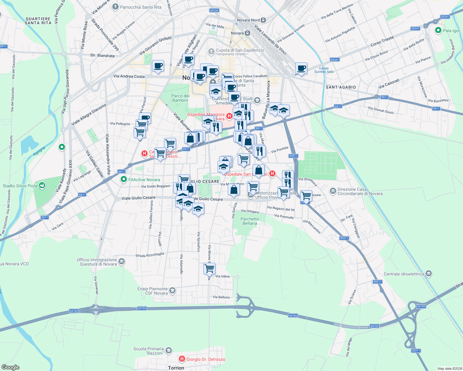 map of restaurants, bars, coffee shops, grocery stores, and more near 9-11 Via Monte Nero in Novara