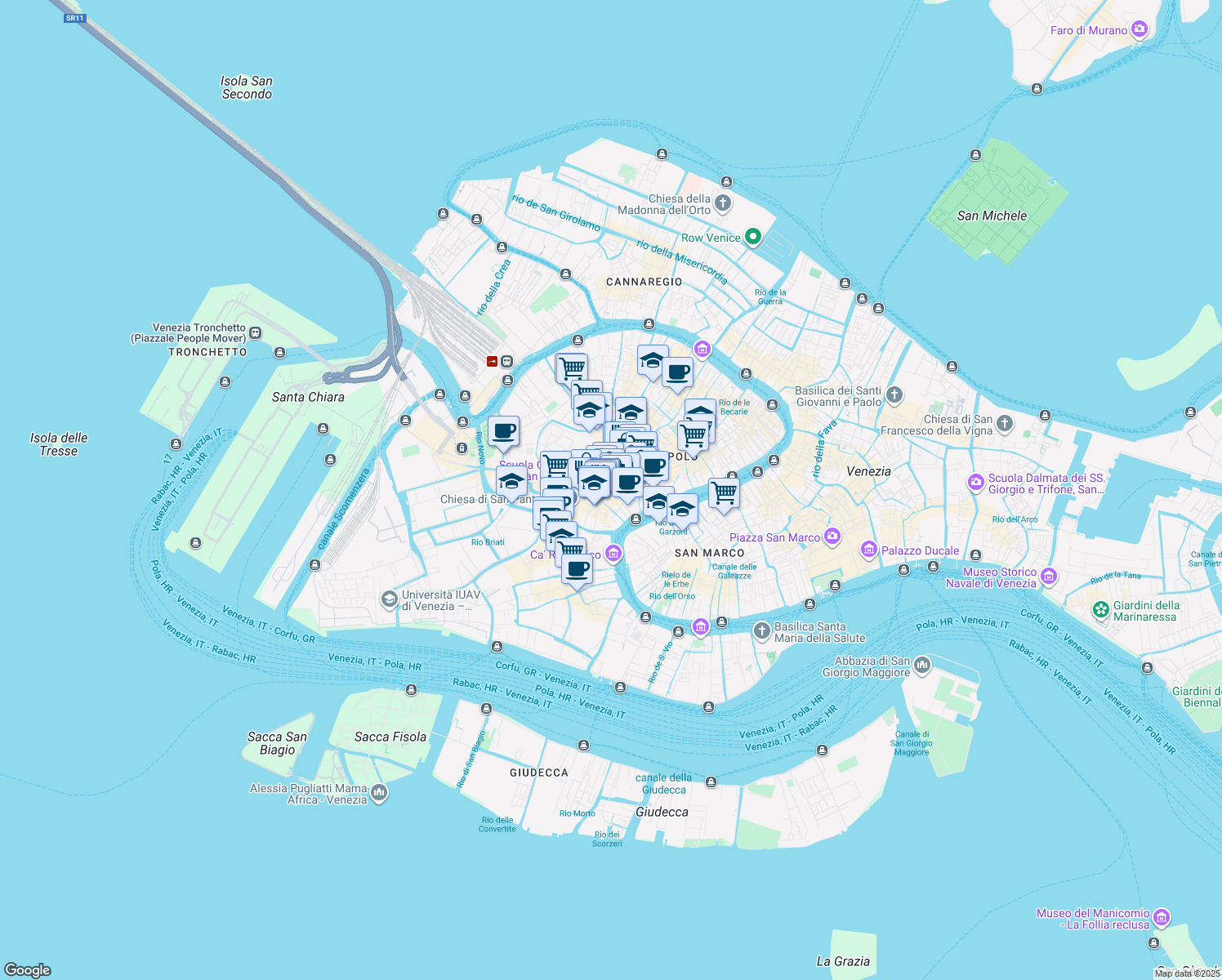 map of restaurants, bars, coffee shops, grocery stores, and more near in Venezia