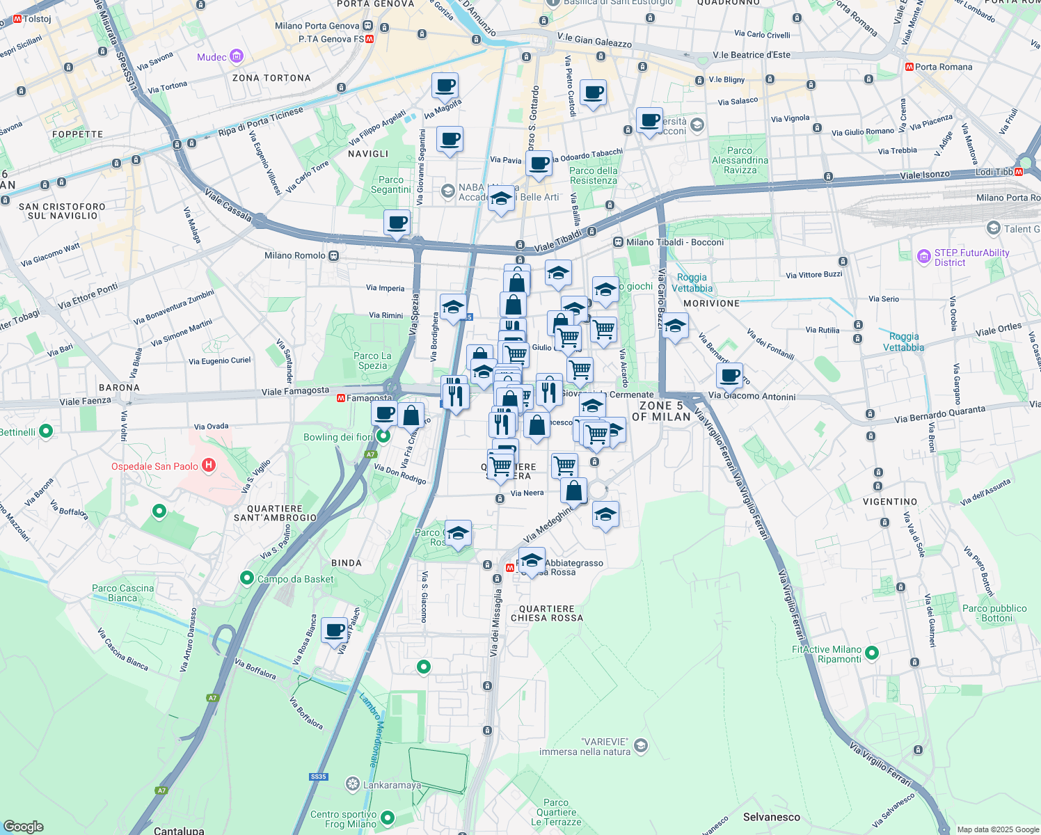 map of restaurants, bars, coffee shops, grocery stores, and more near 5 Via Lodovico Montegani in Milan