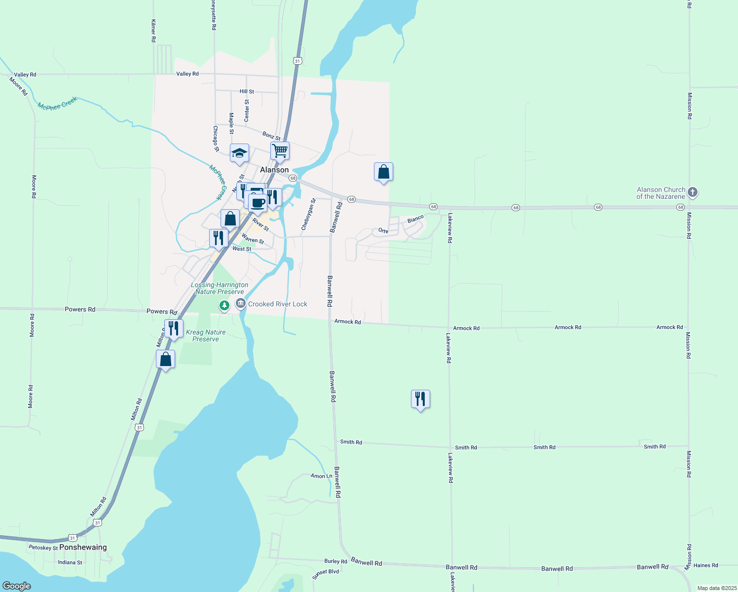 map of restaurants, bars, coffee shops, grocery stores, and more near 7907 East Winding Pine Court in Alanson