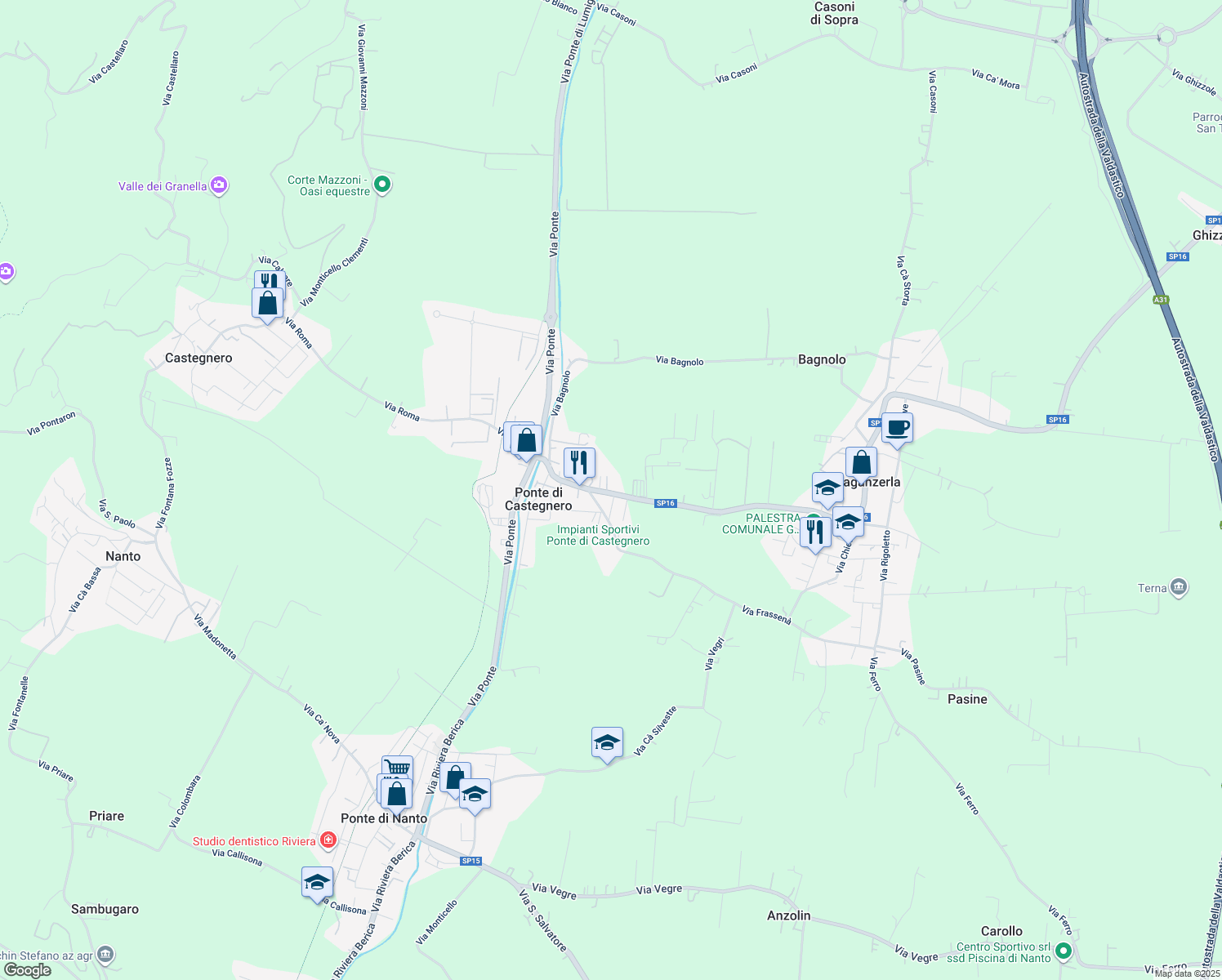 map of restaurants, bars, coffee shops, grocery stores, and more near 59 Via Veneto in Ponte di Castegnero