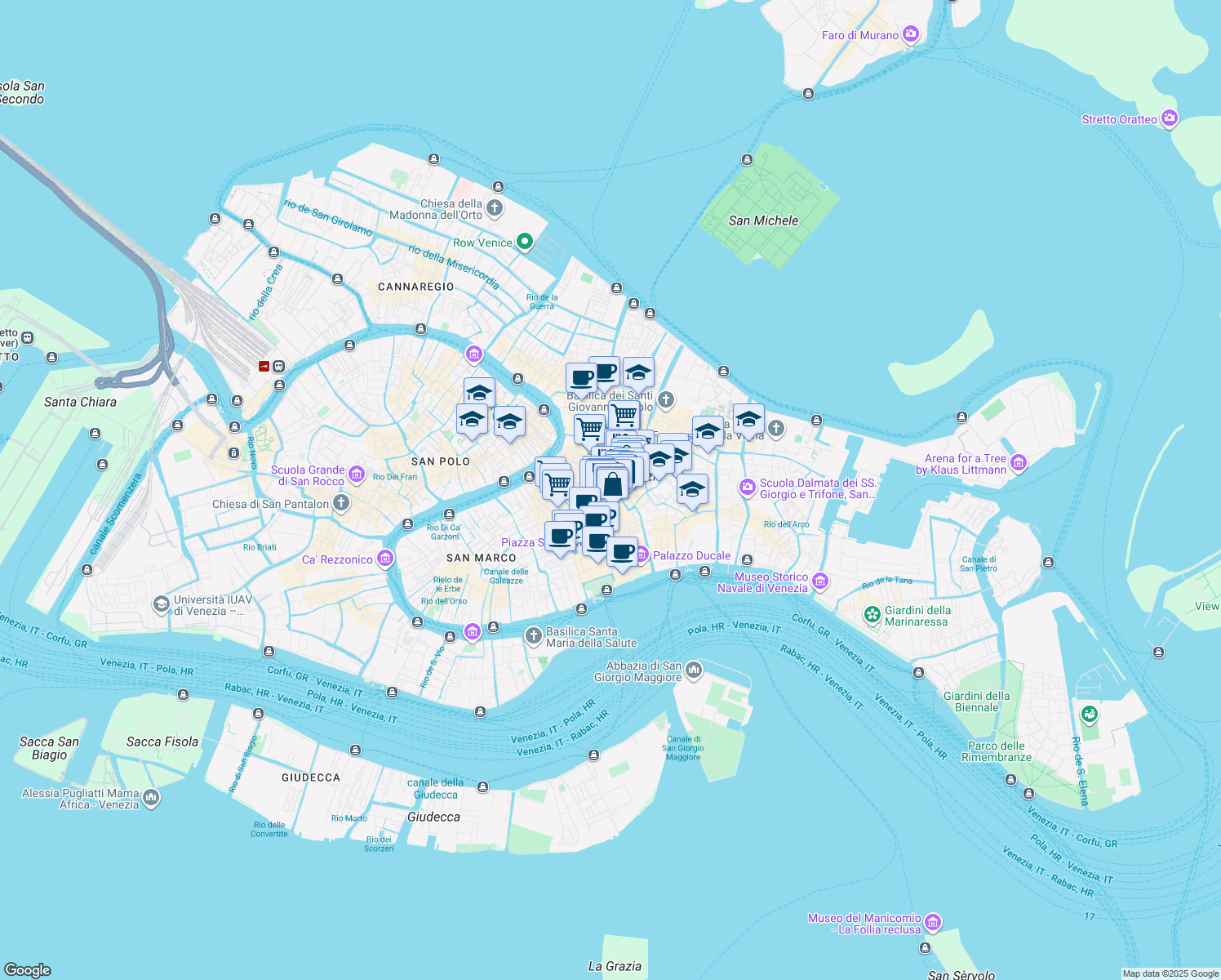 map of restaurants, bars, coffee shops, grocery stores, and more near 5402 Calle Giazzo in Venezia