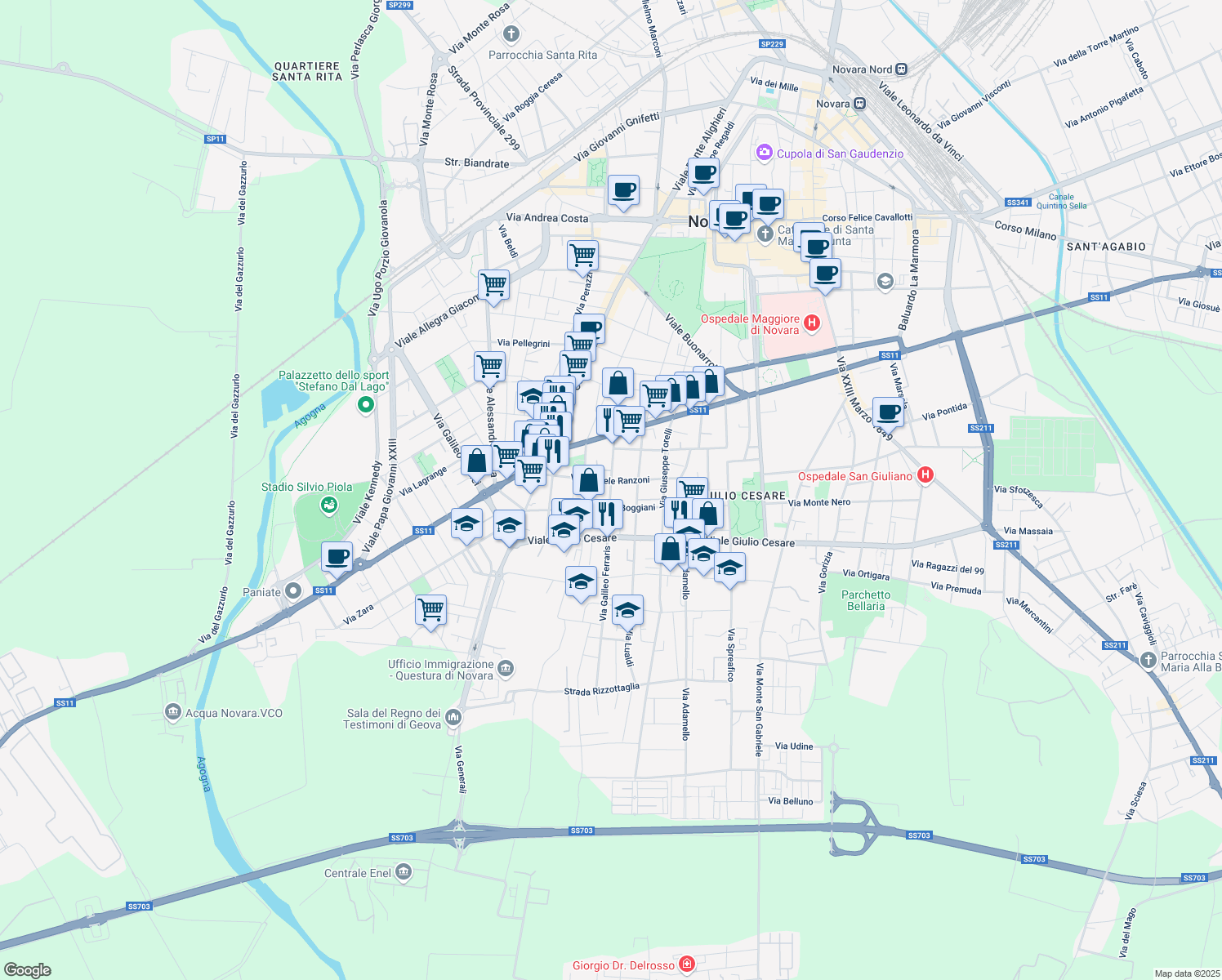 map of restaurants, bars, coffee shops, grocery stores, and more near 21 Via Giacomo Battistini in Novara