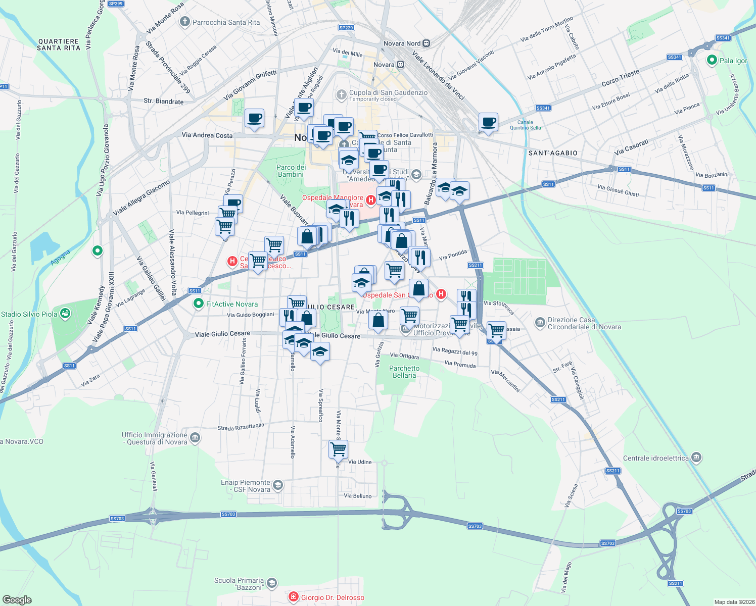 map of restaurants, bars, coffee shops, grocery stores, and more near 11 Via Monte Nero in Novara