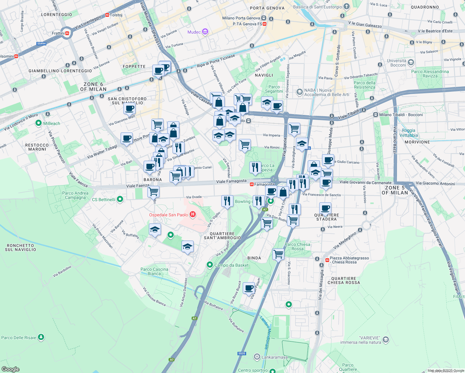 map of restaurants, bars, coffee shops, grocery stores, and more near Via San Vigilio in Milano