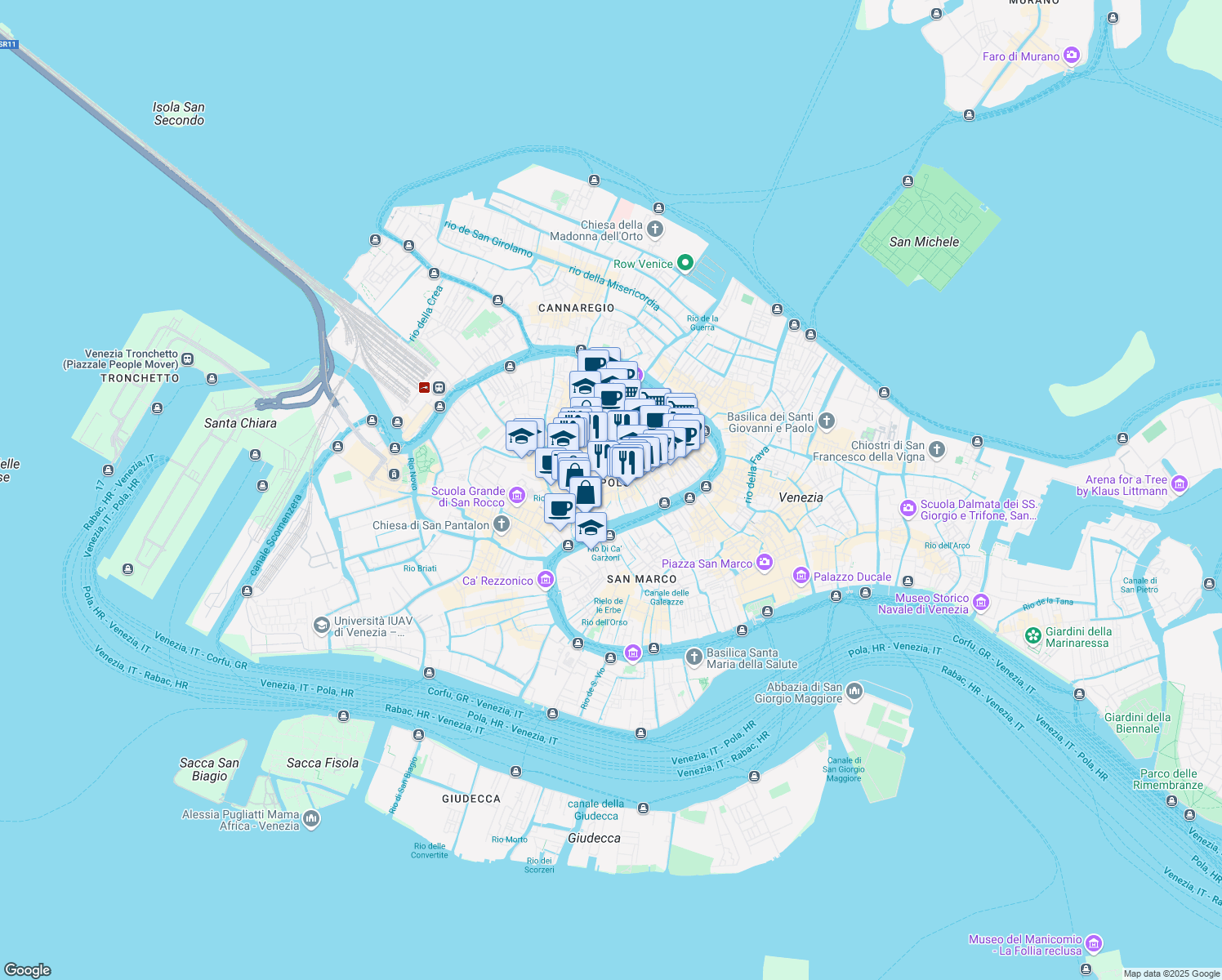map of restaurants, bars, coffee shops, grocery stores, and more near 1858 San Polo in Venezia