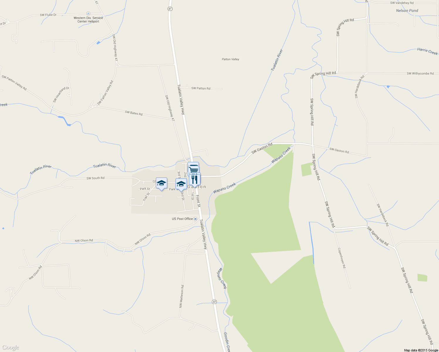 map of restaurants, bars, coffee shops, grocery stores, and more near 54861 Southwest Gaston Road in Gaston