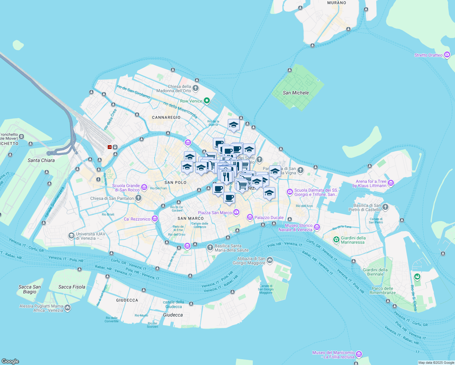 map of restaurants, bars, coffee shops, grocery stores, and more near Calle della Bissa in Venice