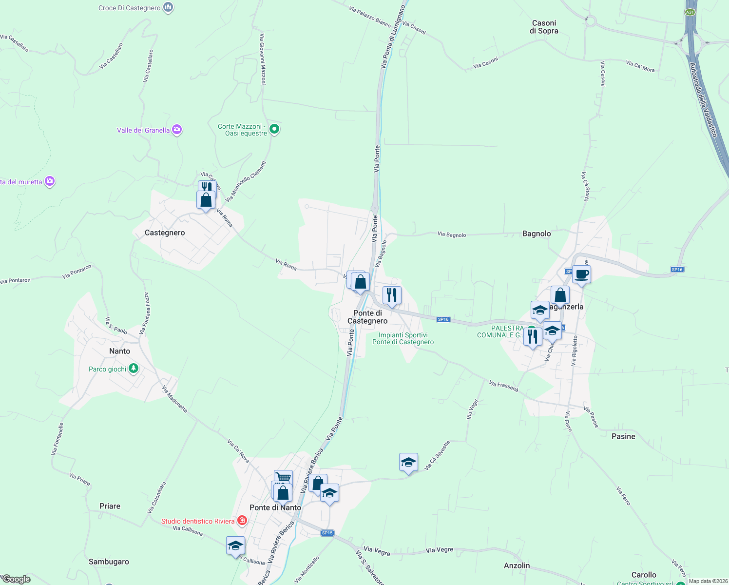 map of restaurants, bars, coffee shops, grocery stores, and more near 14 Via Roma in Ponte di Castegnero