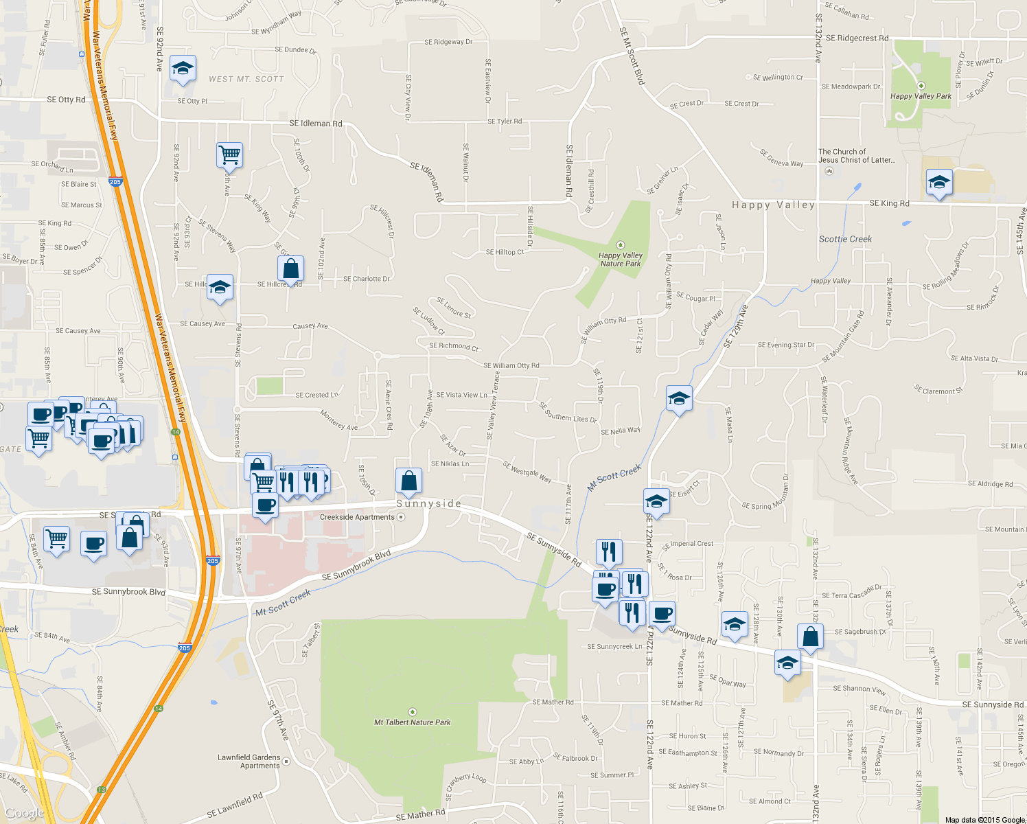 map of restaurants, bars, coffee shops, grocery stores, and more near 11360 SE Cascade View Ct in Happy Valley
