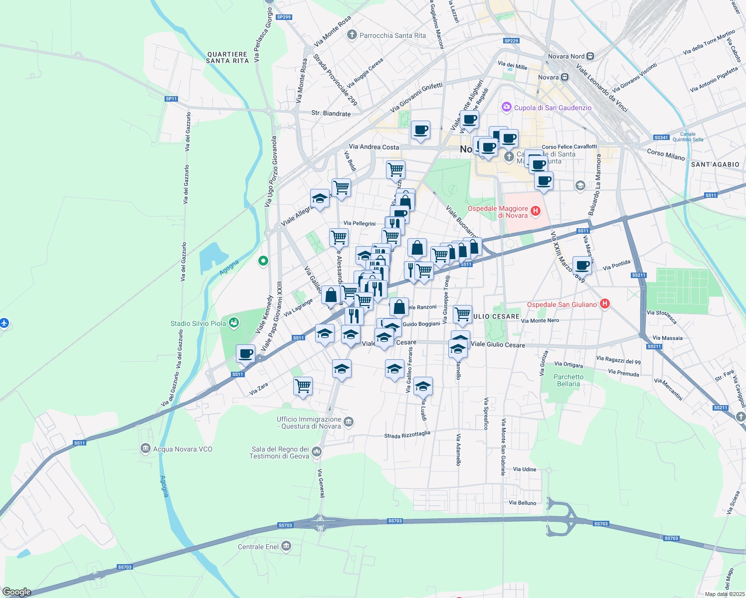 map of restaurants, bars, coffee shops, grocery stores, and more near 11 Largo Luigi Leonardi in Novara