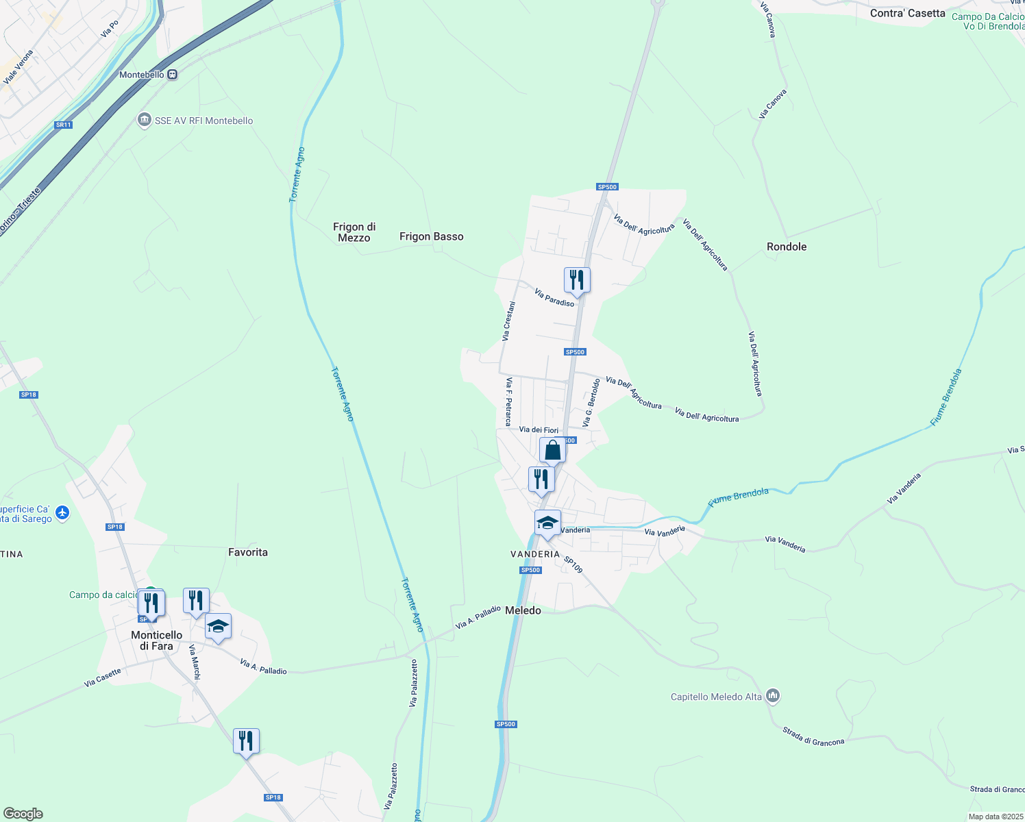 map of restaurants, bars, coffee shops, grocery stores, and more near 12 Via F. Petrarca in Meledo