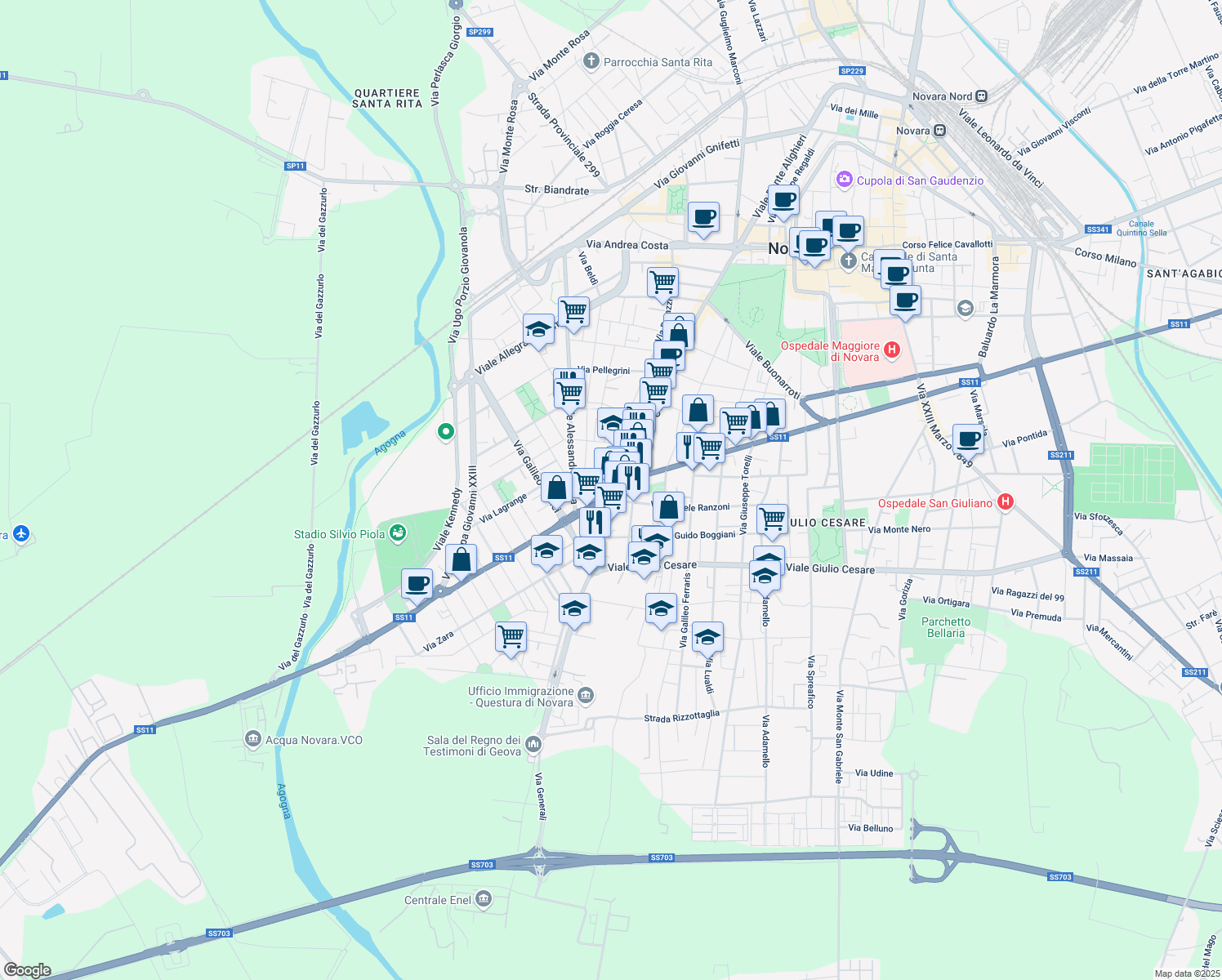 map of restaurants, bars, coffee shops, grocery stores, and more near 4 Corso Vercelli in Novara