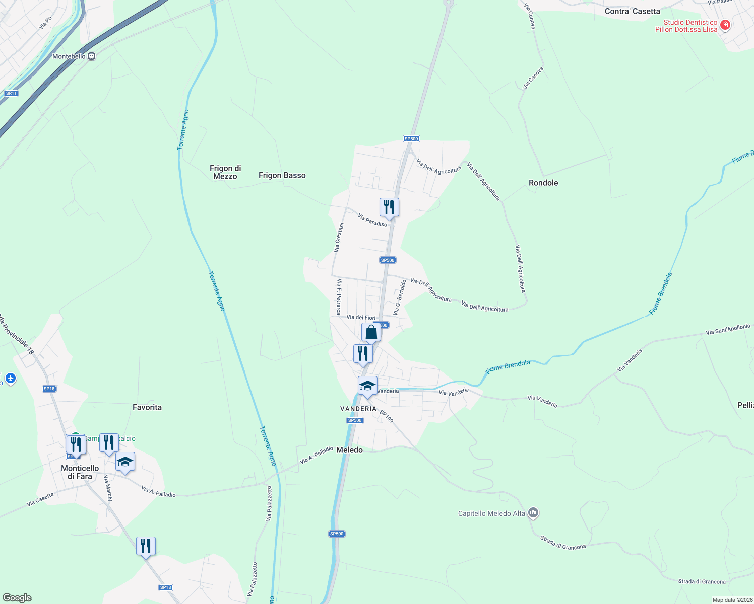 map of restaurants, bars, coffee shops, grocery stores, and more near 10 Via Salvatore Quasimodo in Meledo