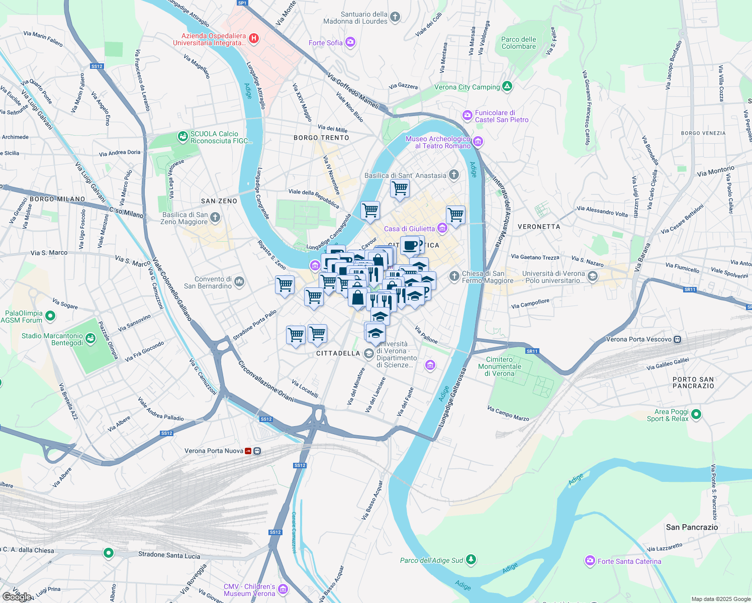 map of restaurants, bars, coffee shops, grocery stores, and more near Via degli Alpini in Verona
