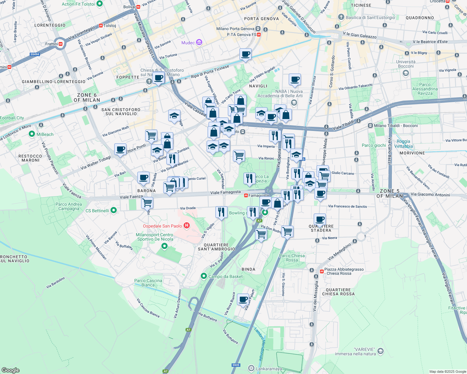 map of restaurants, bars, coffee shops, grocery stores, and more near 35 Via Moncucco in Milano