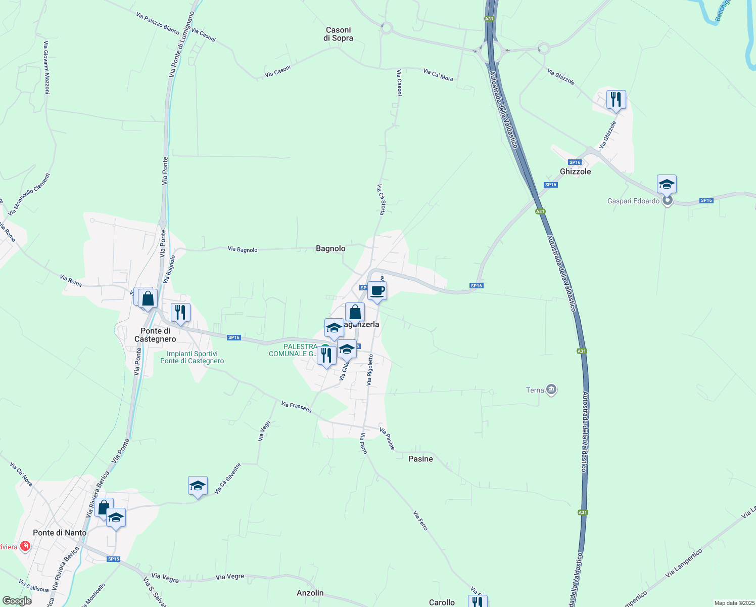 map of restaurants, bars, coffee shops, grocery stores, and more near 23 Via Piave in Villaganzerla