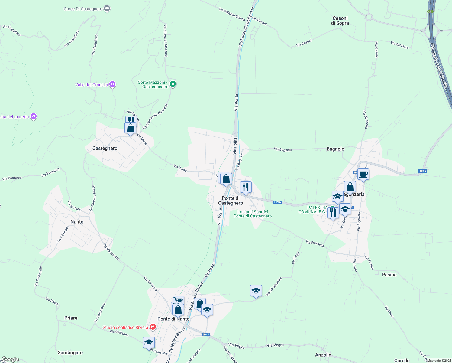 map of restaurants, bars, coffee shops, grocery stores, and more near 14 Via Roma in Ponte di Castegnero