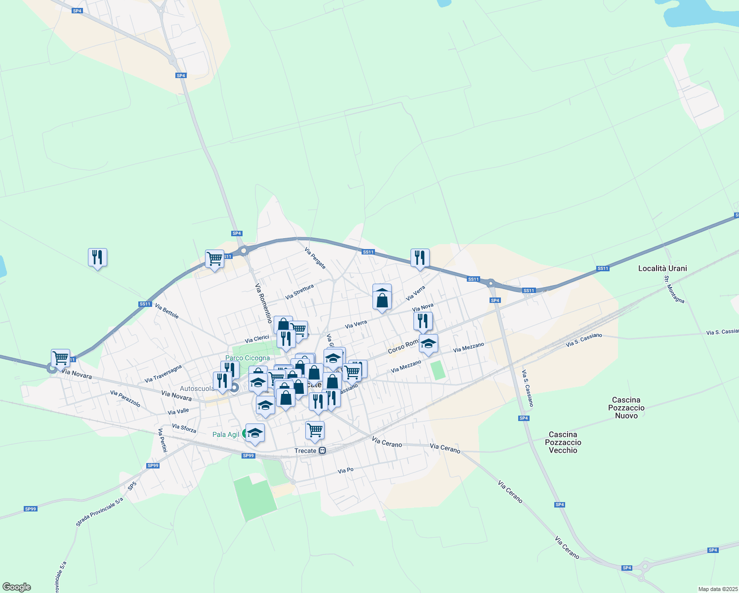 map of restaurants, bars, coffee shops, grocery stores, and more near 18 Via Vincenzo Vela in Trecate