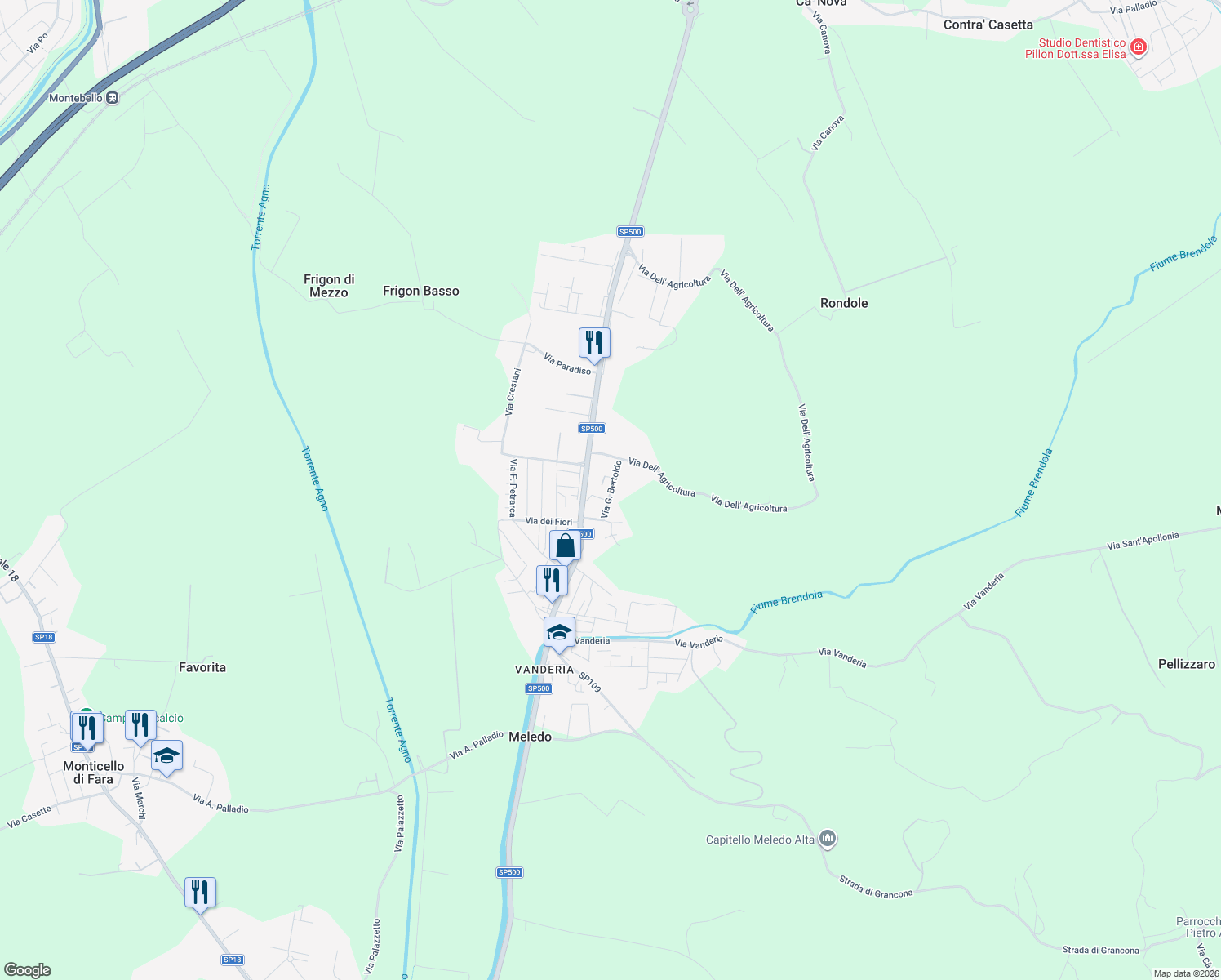 map of restaurants, bars, coffee shops, grocery stores, and more near 18 Via G. Bertoldo in Provincia di Vicenza