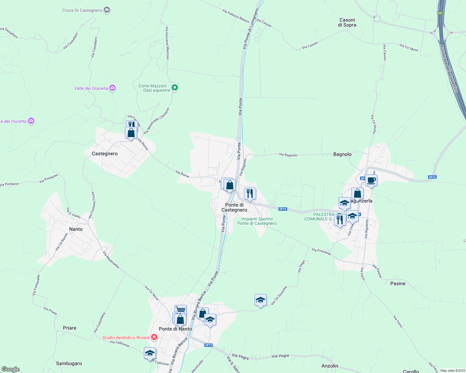 map of restaurants, bars, coffee shops, grocery stores, and more near 14 Via Roma in Ponte di Castegnero