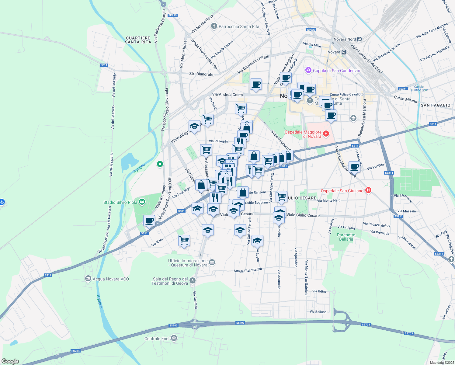 map of restaurants, bars, coffee shops, grocery stores, and more near 11 Largo Leonardi Luigi in Novara