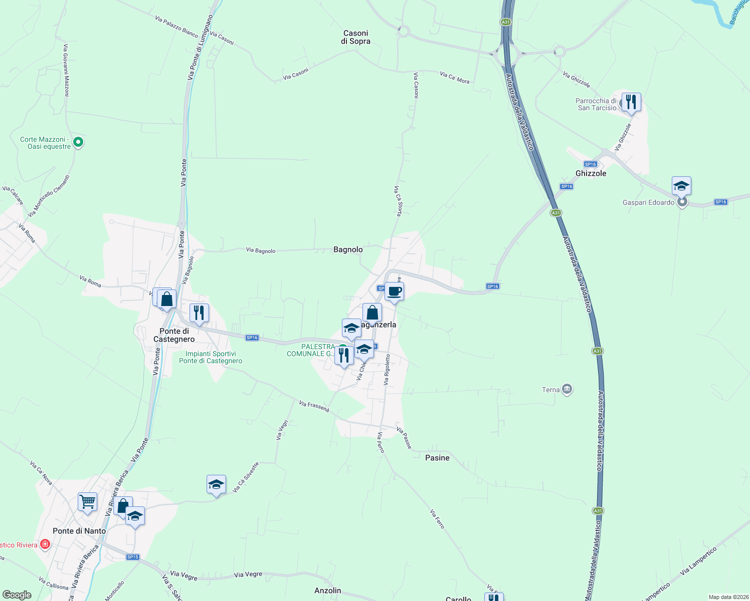 map of restaurants, bars, coffee shops, grocery stores, and more near 2 Via Poma in Villaganzerla