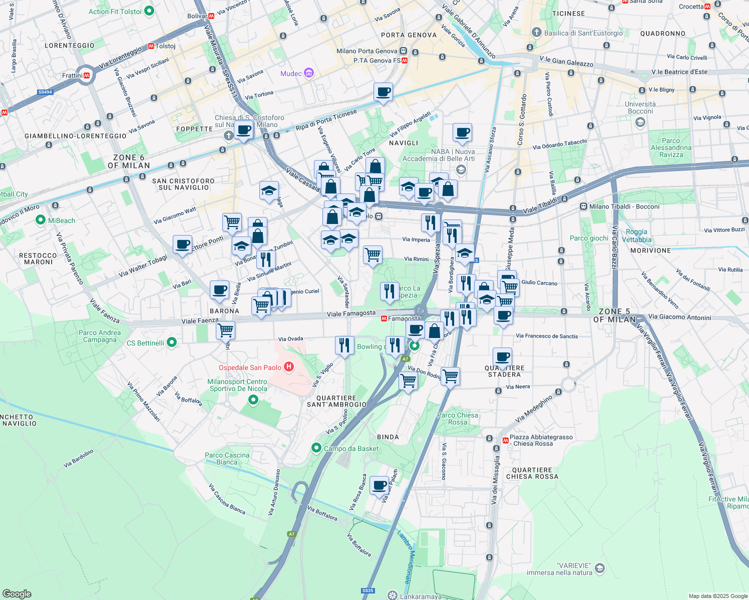 map of restaurants, bars, coffee shops, grocery stores, and more near 35 Via Moncucco in Milano