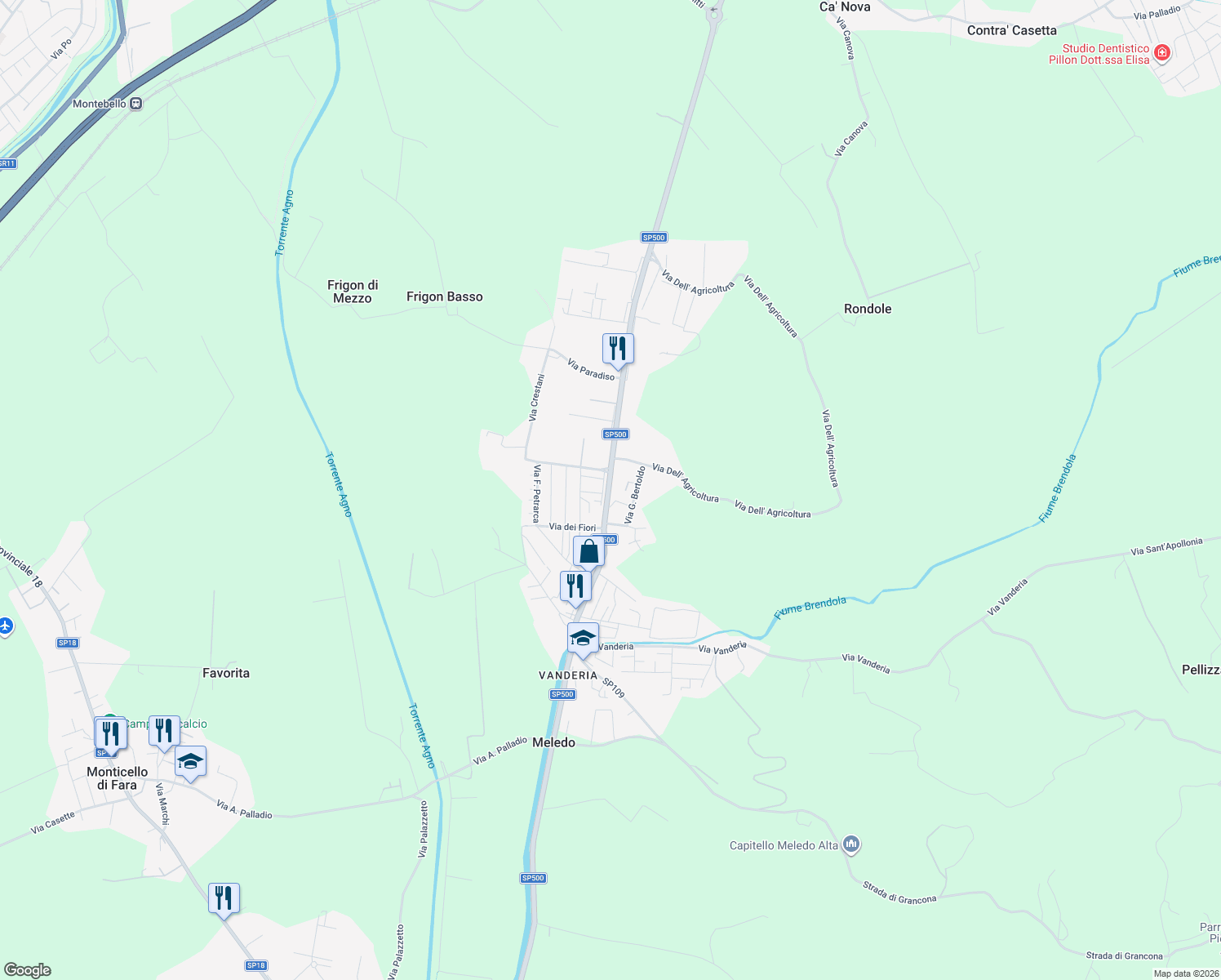 map of restaurants, bars, coffee shops, grocery stores, and more near 10 Via Salvatore Quasimodo in Meledo