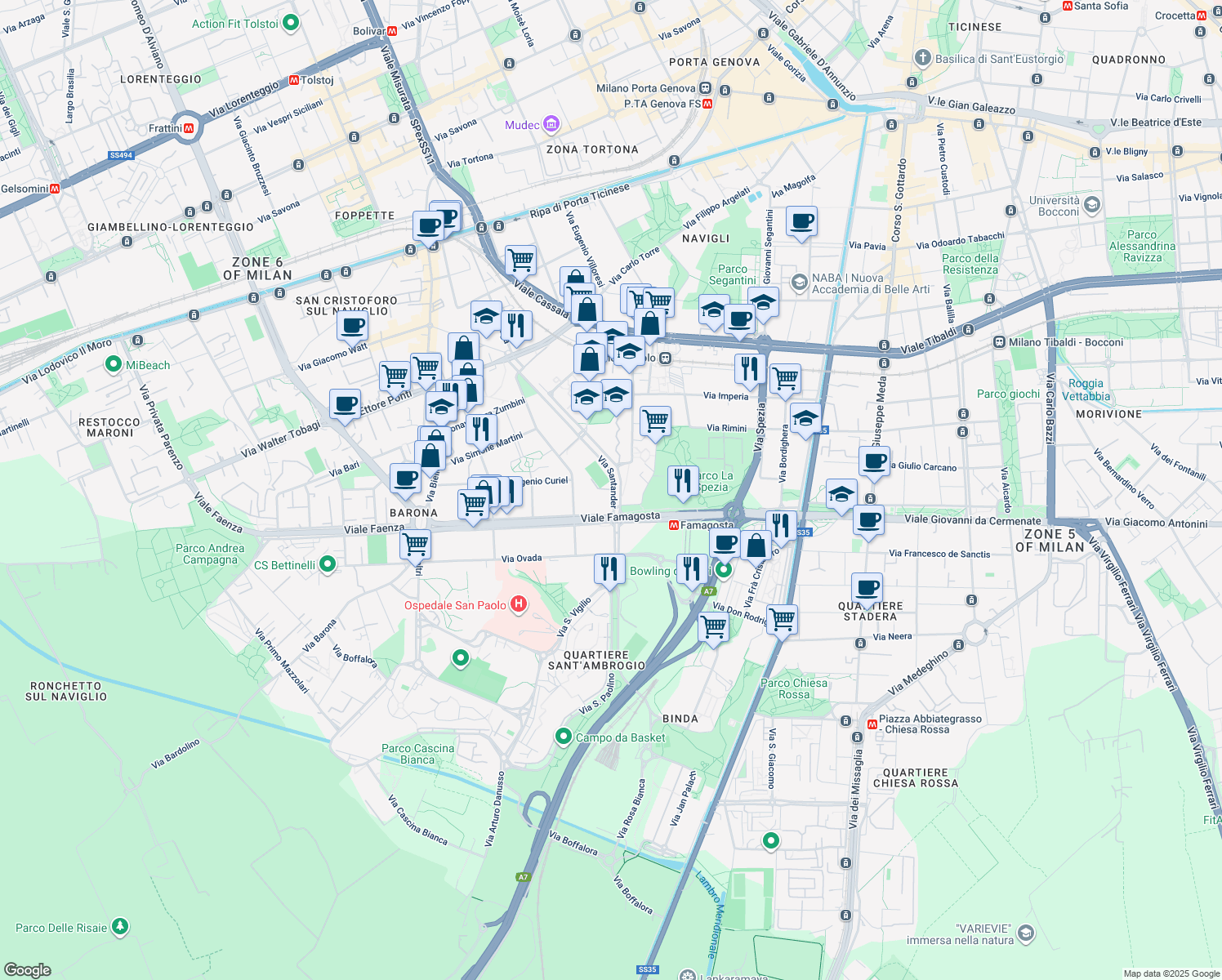 map of restaurants, bars, coffee shops, grocery stores, and more near 31 Via Moncucco in Milan