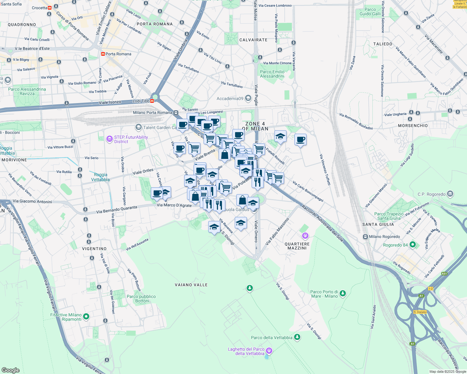 map of restaurants, bars, coffee shops, grocery stores, and more near 13 Via Polesine in Milano
