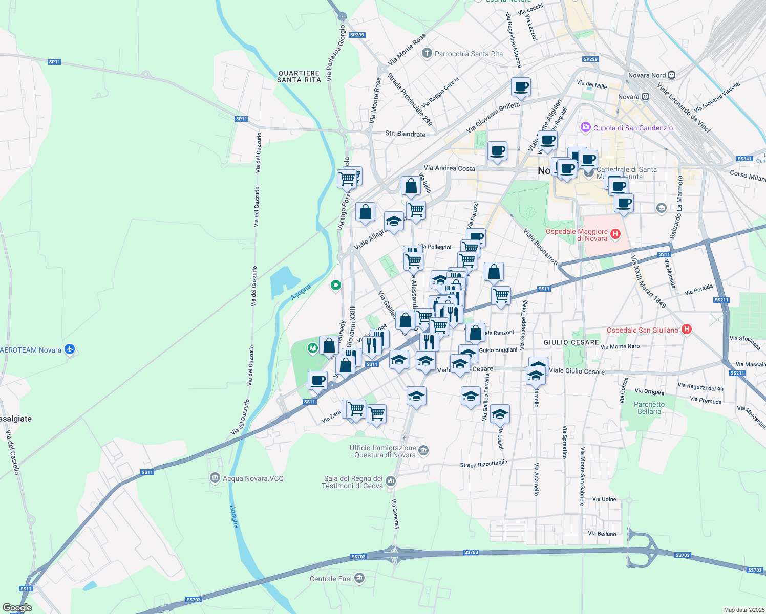 map of restaurants, bars, coffee shops, grocery stores, and more near 32 Via Lagrange in Novara