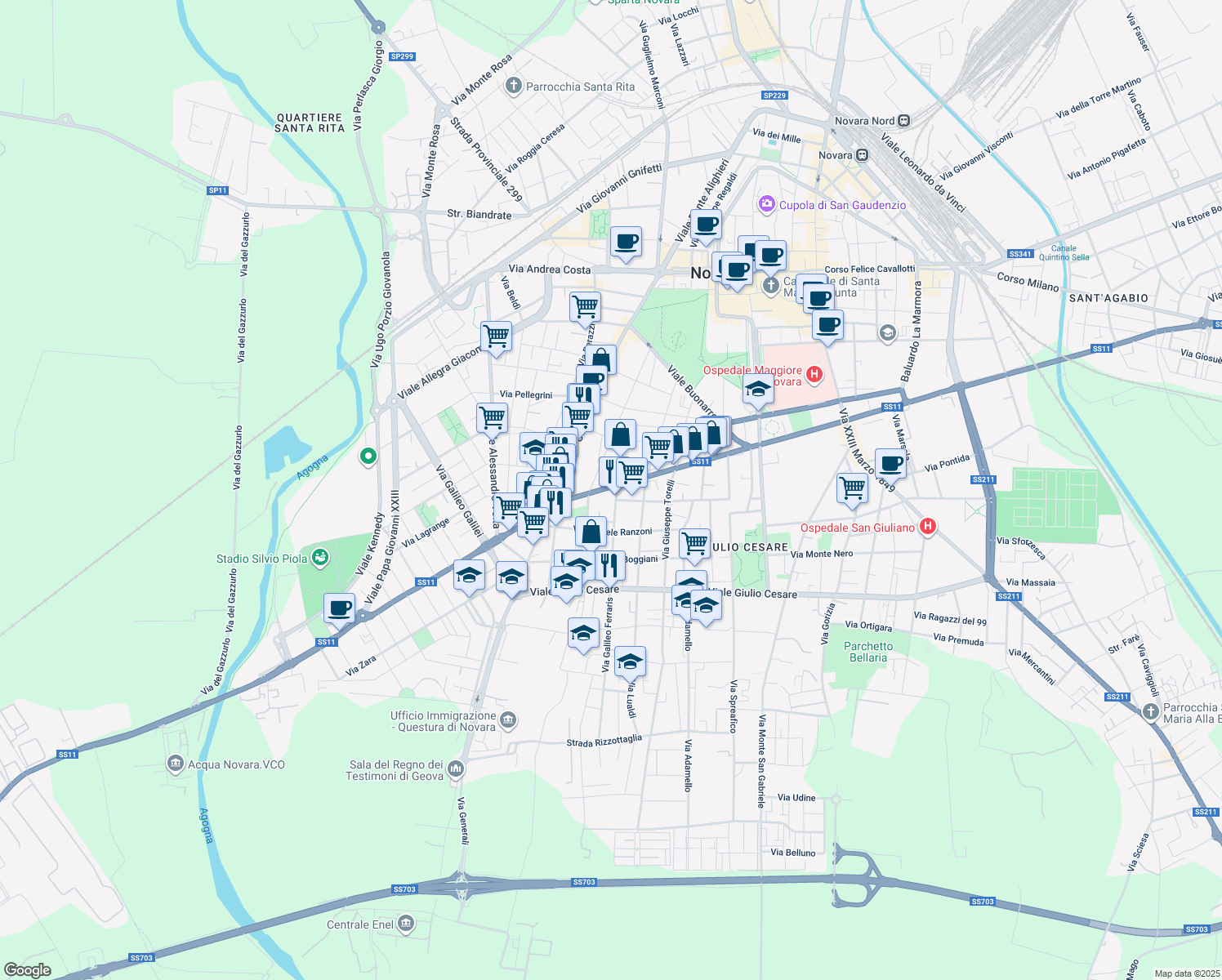 map of restaurants, bars, coffee shops, grocery stores, and more near 33 Viale Roma in Novara