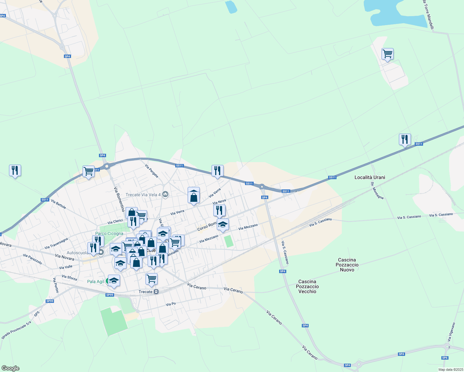 map of restaurants, bars, coffee shops, grocery stores, and more near 2 Via Sempione in Trecate