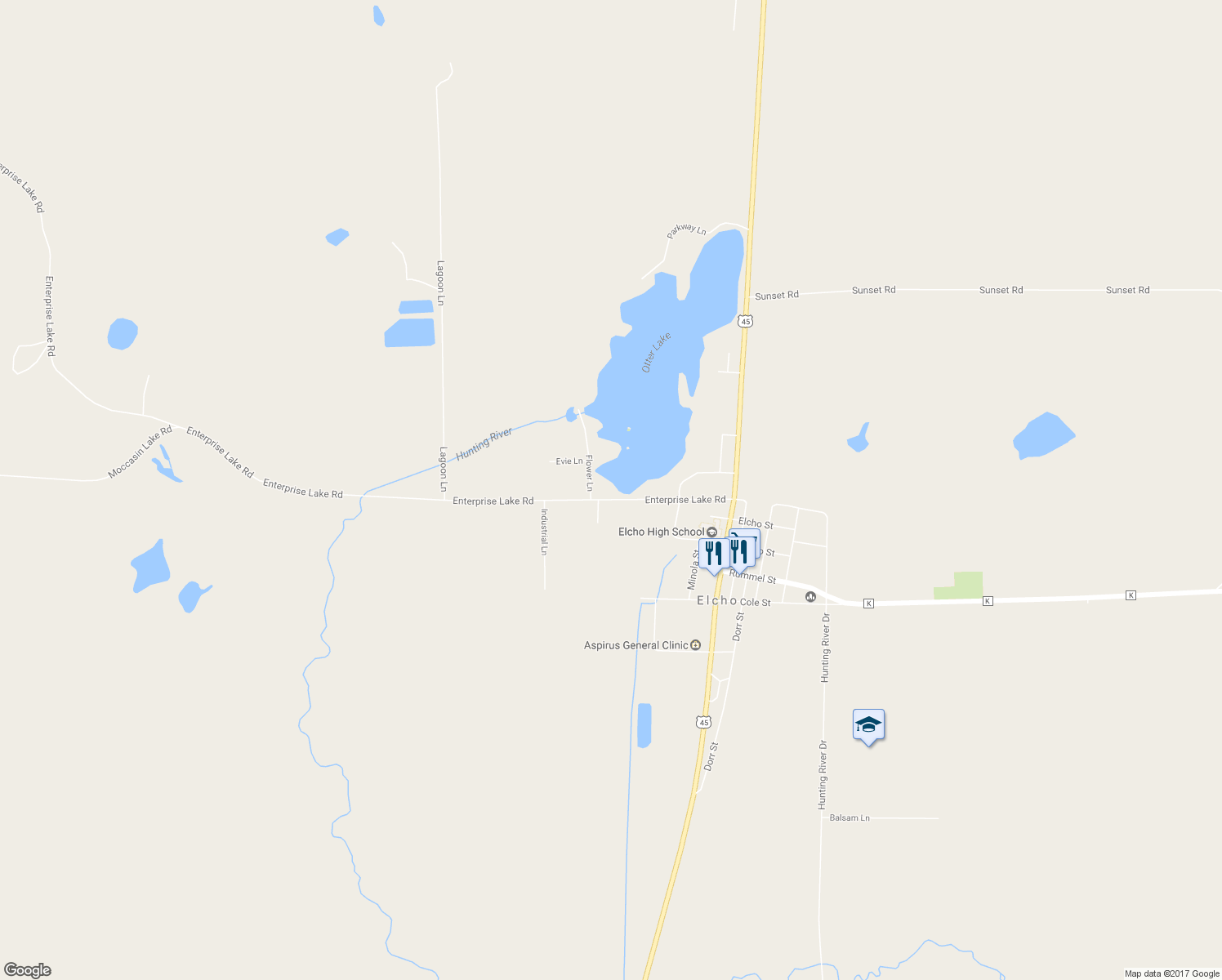 map of restaurants, bars, coffee shops, grocery stores, and more near W10770 Enterprise Lake Road in Elcho