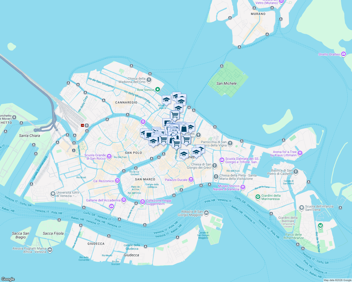map of restaurants, bars, coffee shops, grocery stores, and more near Calle del Forno in Venezia