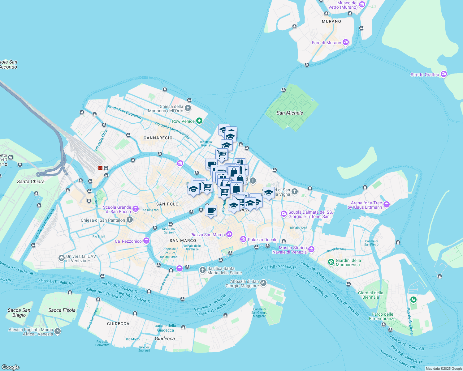 map of restaurants, bars, coffee shops, grocery stores, and more near 6015 Calle Maggioni in Venezia