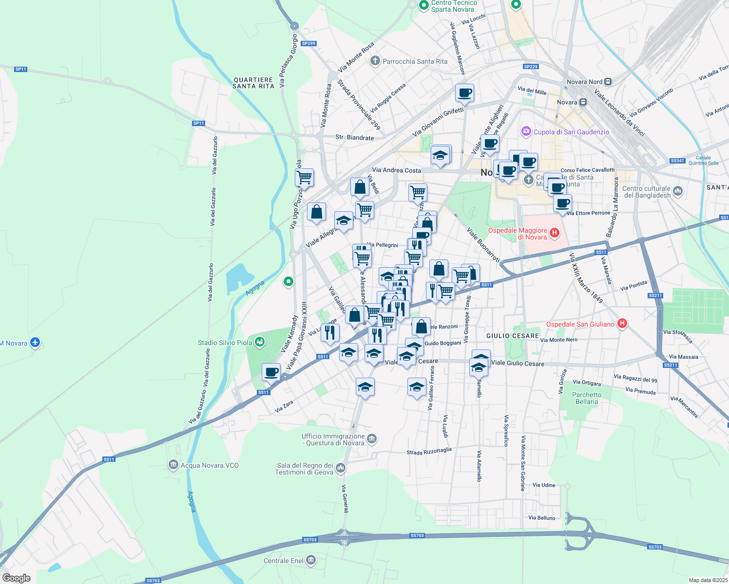 map of restaurants, bars, coffee shops, grocery stores, and more near 30 Viale Alessandro Volta in Novara