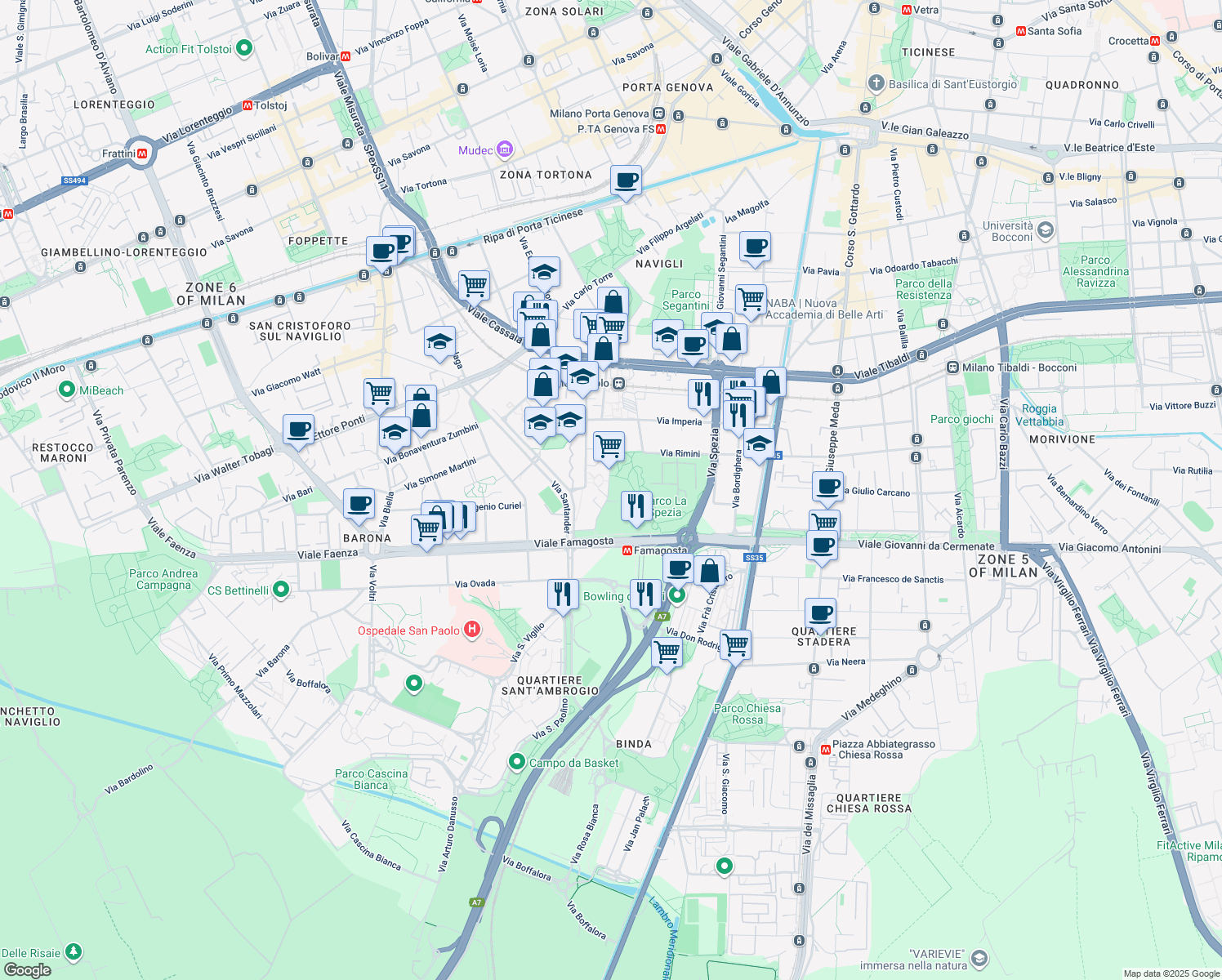 map of restaurants, bars, coffee shops, grocery stores, and more near 31 Via Moncucco in Milano