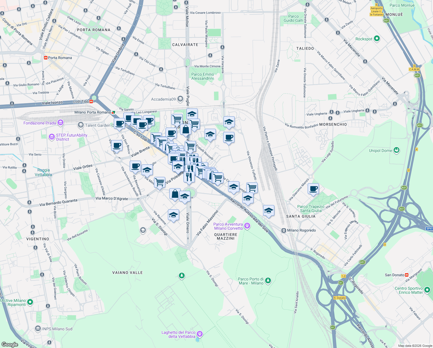 map of restaurants, bars, coffee shops, grocery stores, and more near 30 Via Carlo Boncompagni in Milano