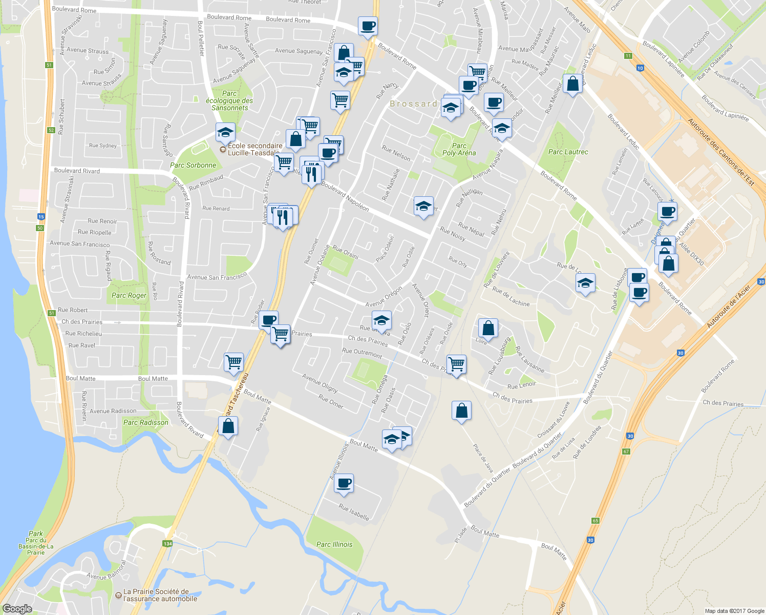 map of restaurants, bars, coffee shops, grocery stores, and more near 3760 Rue Oxford in Brossard