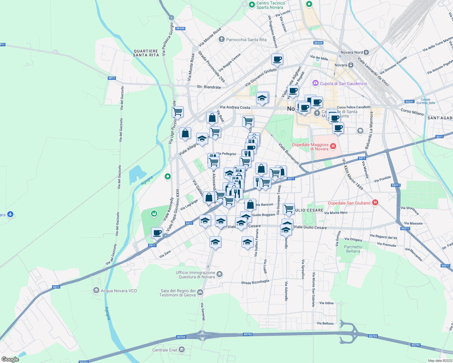 map of restaurants, bars, coffee shops, grocery stores, and more near 19 Via Stefano Melchioni in Novara