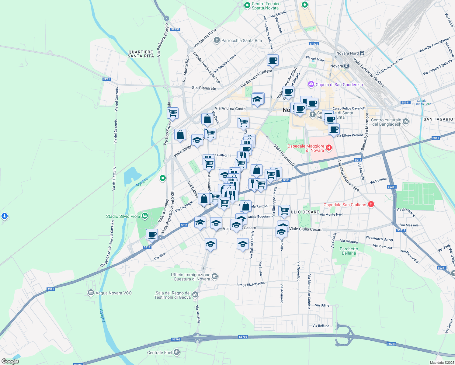 map of restaurants, bars, coffee shops, grocery stores, and more near 12 Via Stefano Melchioni in Novara