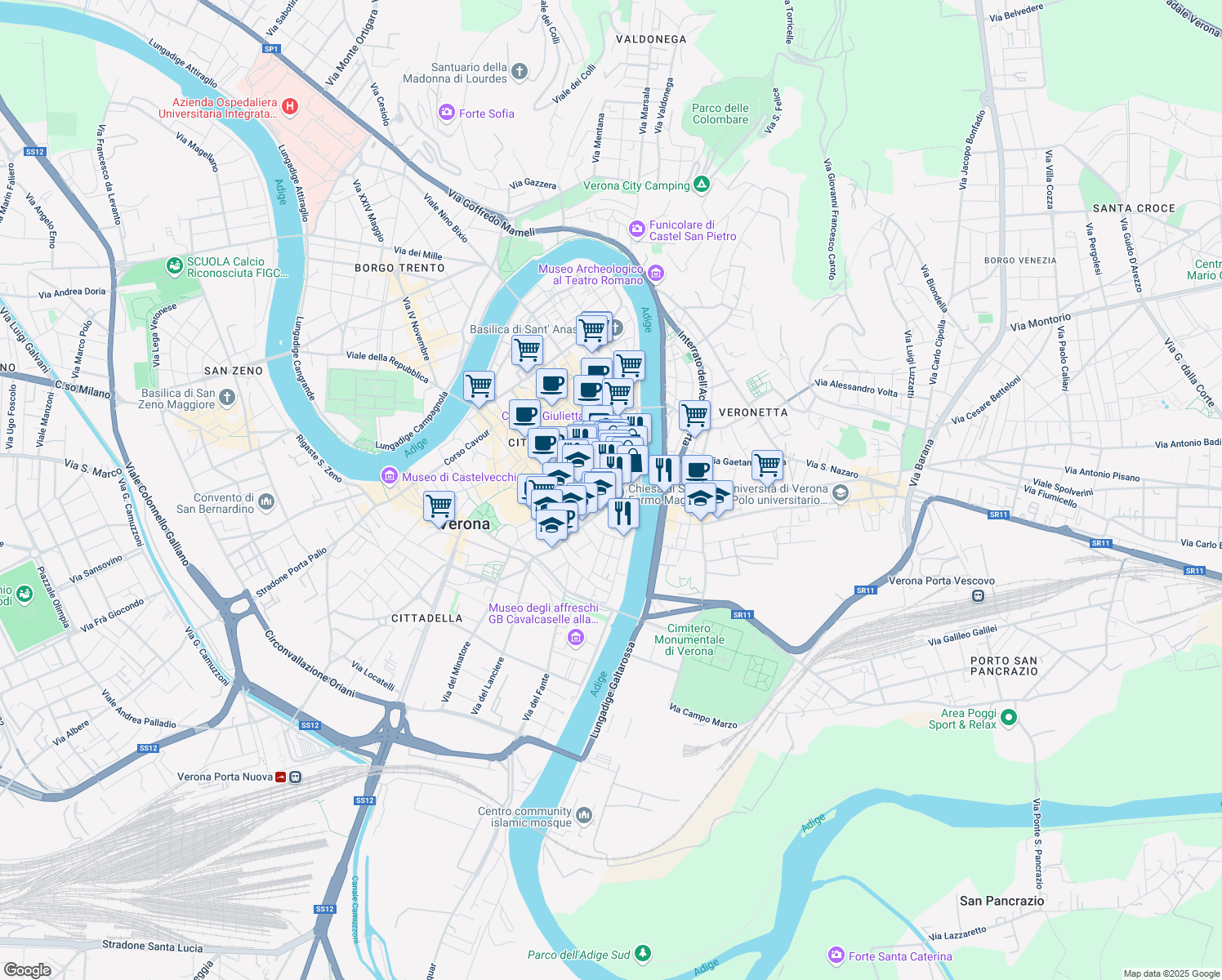 map of restaurants, bars, coffee shops, grocery stores, and more near Via Domenico Frangini in Verona