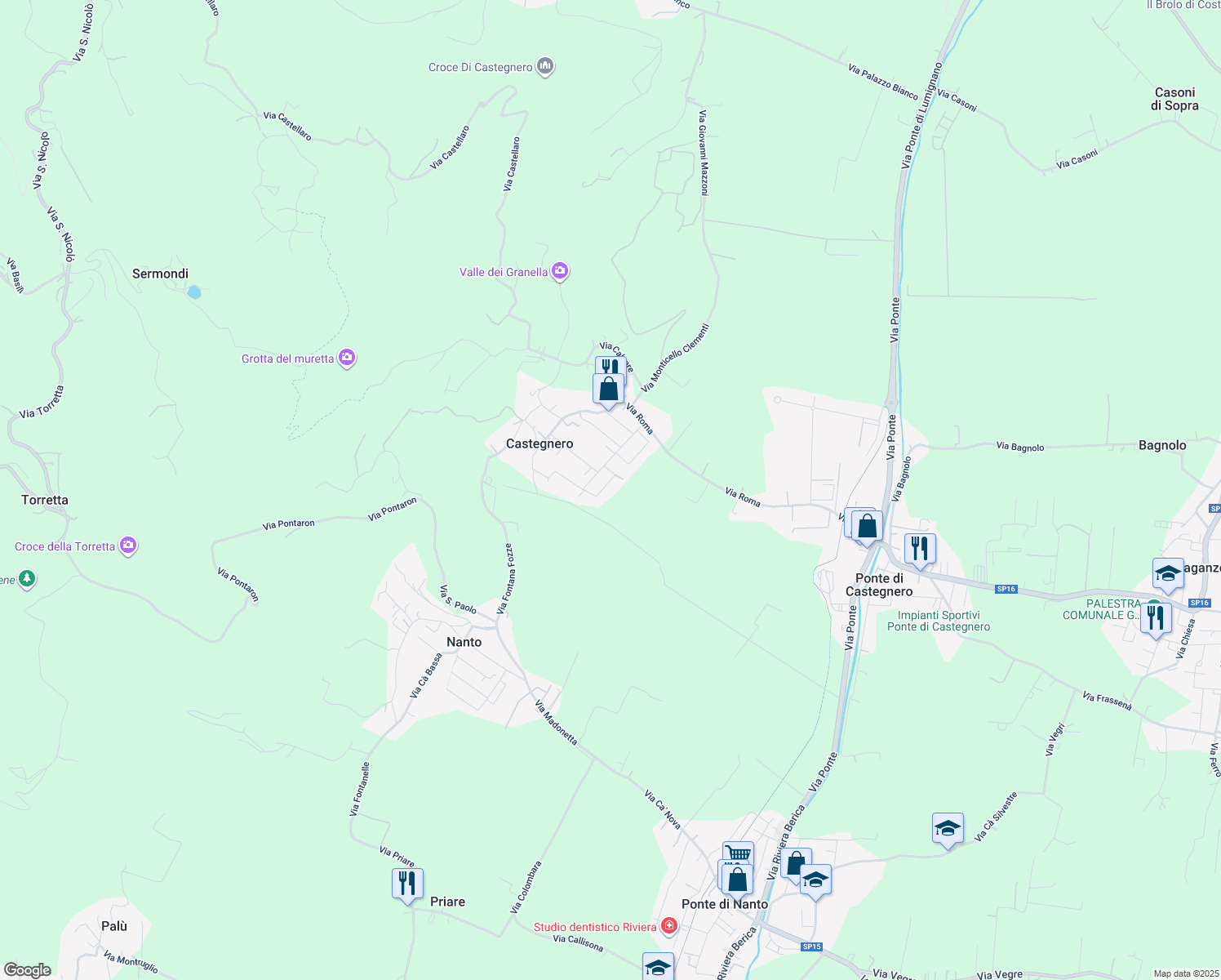 map of restaurants, bars, coffee shops, grocery stores, and more near 31 Via Nicolò Tommaseo in Castegnero