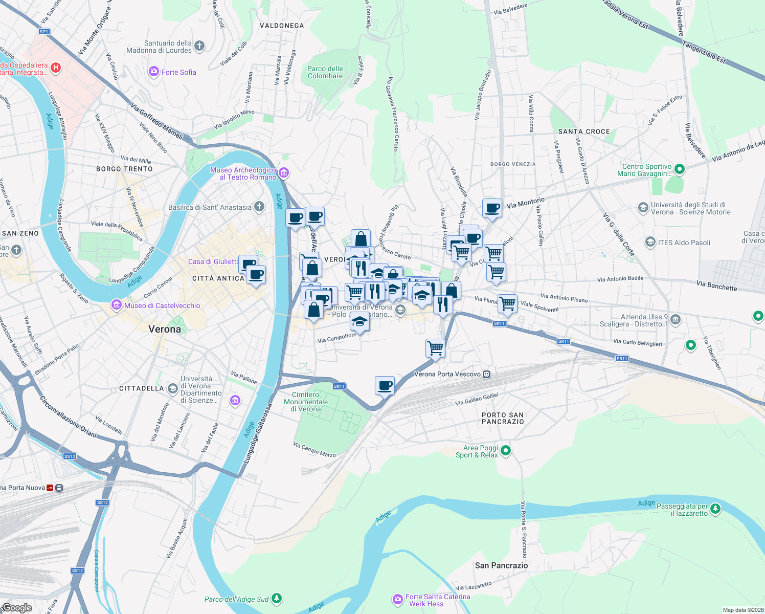 map of restaurants, bars, coffee shops, grocery stores, and more near 72 Via Venti Settembre in Verona